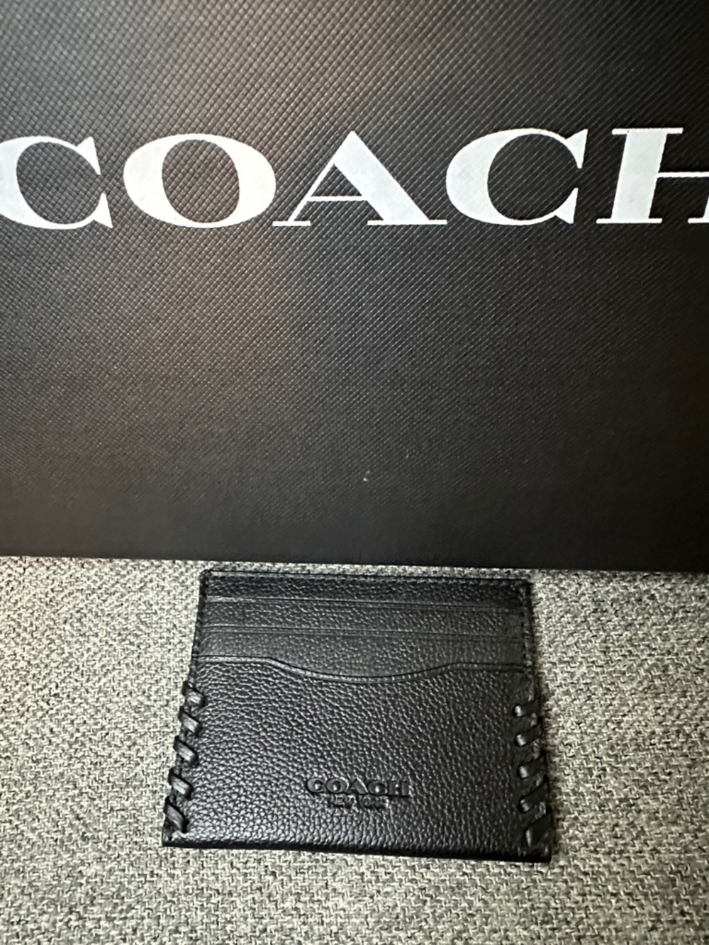 COACH Black Pebbled Leather Card Holder with Whipstitch Trim